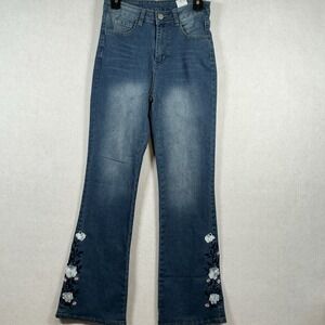 Unbranded High Waisted Bootcut Denim Blue Jeans Embroidered Sz M (26 inch waist)